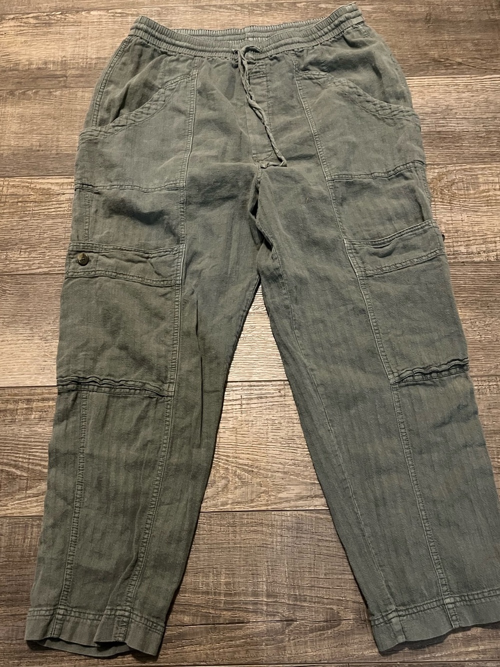 Free People Eden Green Feelin Good Linen Utility Cargo Pants Drawstring Waist